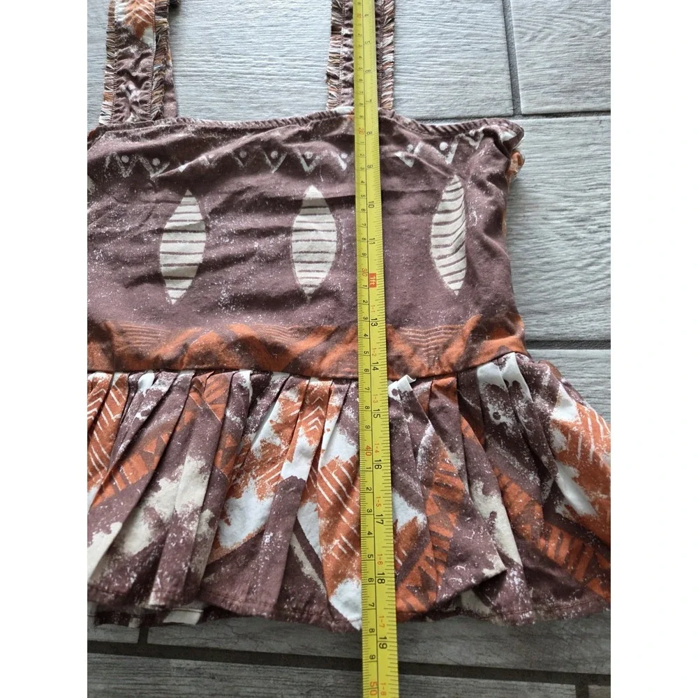 Tribal Print Ruffle Crop Top Cappuccino Brown Cotton XS‎ Boho Festival Resort
